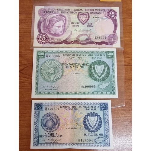 75 - 3 x Cypriot Bank Notes; 1979 £5, 1979 500 Mils, and 1980 250 Mils, (3)