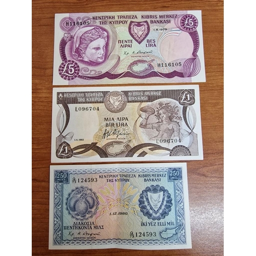 76 - 3 x Cypriot Bank Notes; 1979 £5, 1982 £1 and 1980 250 Mils, (3)