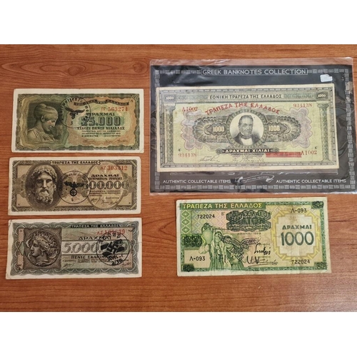 79 - Collection of 5 x Early Greek Bank Notes; 1926 1,000 Drachma, 1939 1,000 Drachma, 1943 25,000 Drachm... 