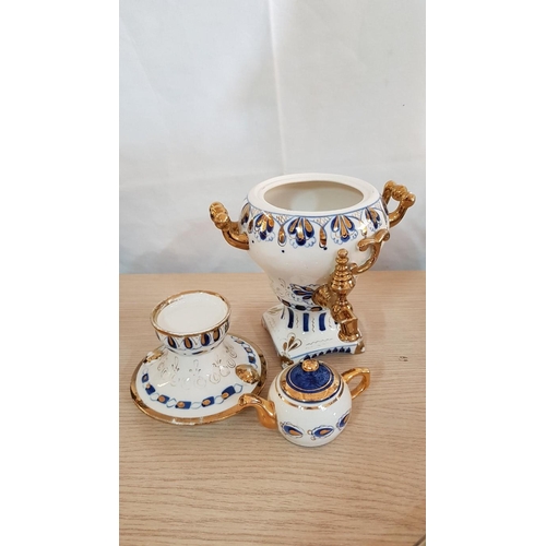 39 - Soviet Russian Porcelain 'Gzhel' Samovar / Teapot, Vintage Blue & White with Gold Decorations, Circa... 