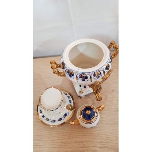 39 - Soviet Russian Porcelain 'Gzhel' Samovar / Teapot, Vintage Blue & White with Gold Decorations, Circa... 