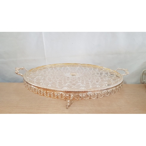 484 - Highly Ornate Cake Stand on Tripod with Fish Shape and Silver Tone White Metal Lace Effect Rim, (App... 