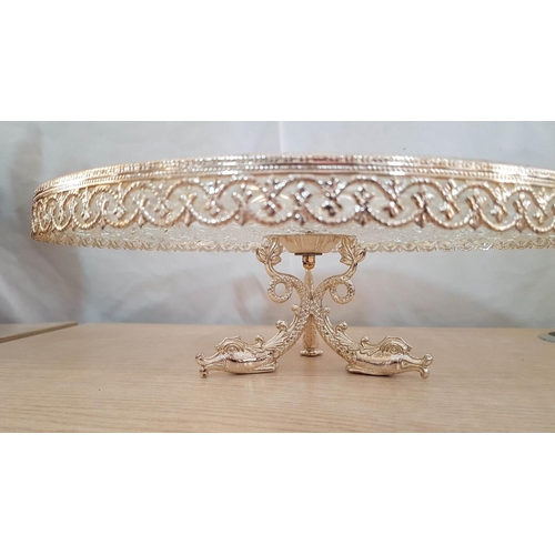 484 - Highly Ornate Cake Stand on Tripod with Fish Shape and Silver Tone White Metal Lace Effect Rim, (App... 