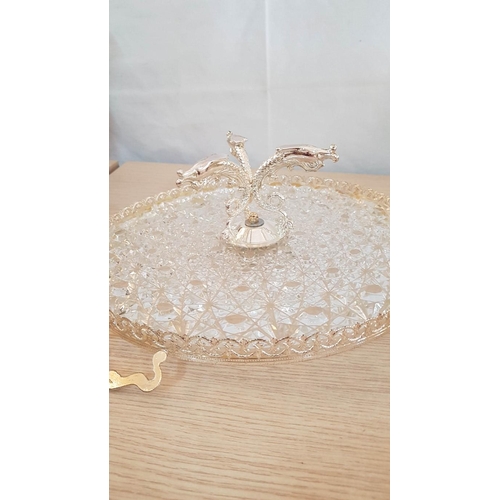 484 - Highly Ornate Cake Stand on Tripod with Fish Shape and Silver Tone White Metal Lace Effect Rim, (App... 