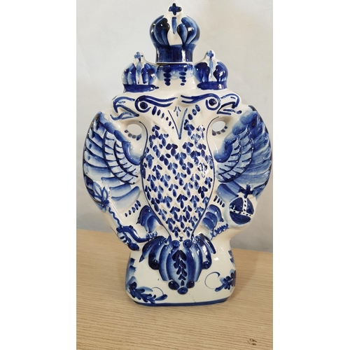 97 - Soviet Russian 'Ghzel' Vintage Blue & White Porcelain Double Headed Eagle Decanter / Flask (Empty), ... 