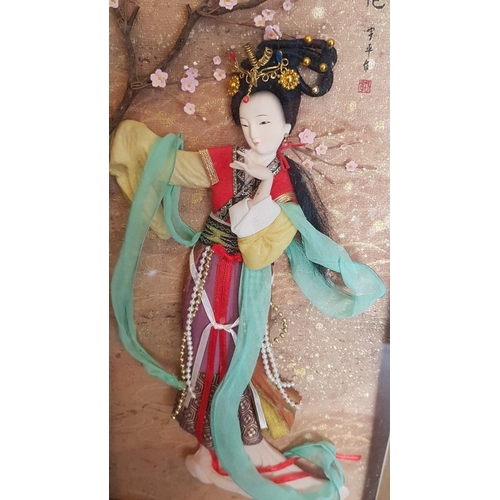 447 - Wall Hanging Box Frame with Silk Fabric Asian Art of Dancing Geisha, (Approx. 27 x 59cm), (a/f)