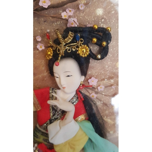 447 - Wall Hanging Box Frame with Silk Fabric Asian Art of Dancing Geisha, (Approx. 27 x 59cm), (a/f)