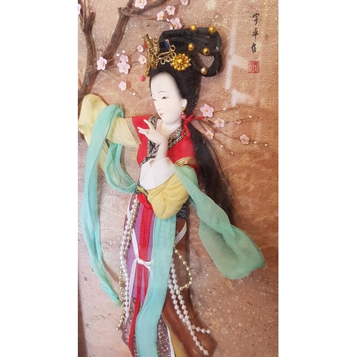 447 - Wall Hanging Box Frame with Silk Fabric Asian Art of Dancing Geisha, (Approx. 27 x 59cm), (a/f)