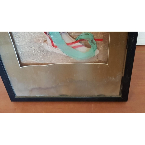 447 - Wall Hanging Box Frame with Silk Fabric Asian Art of Dancing Geisha, (Approx. 27 x 59cm), (a/f)