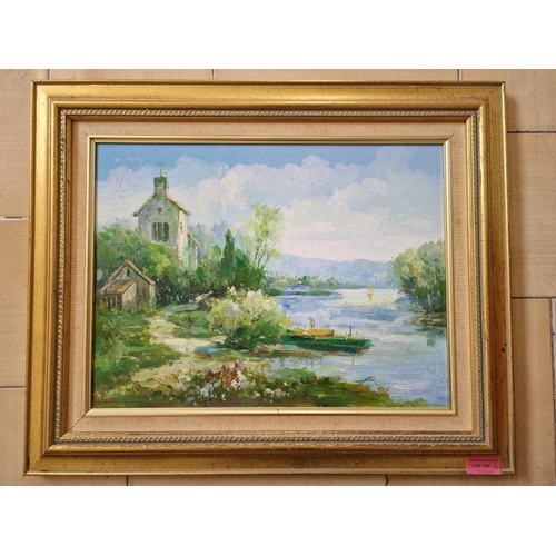 449 - Framed Oil on Board Painting of Country River with Church, Unknown Artist, (Approx. 56 x 45cm)