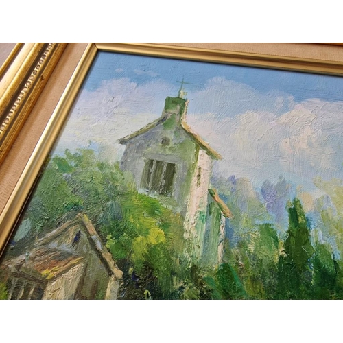 449 - Framed Oil on Board Painting of Country River with Church, Unknown Artist, (Approx. 56 x 45cm)