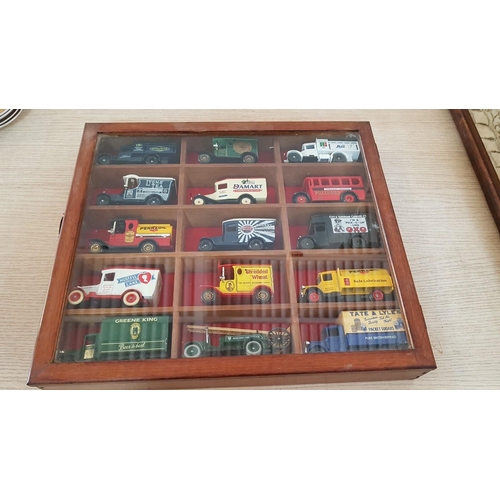 13 - Glazed Display Wall Hanging Case Containing 15 x Lledo Die Cast Scale Models, (Approx. 33 x 29 x 5cm... 