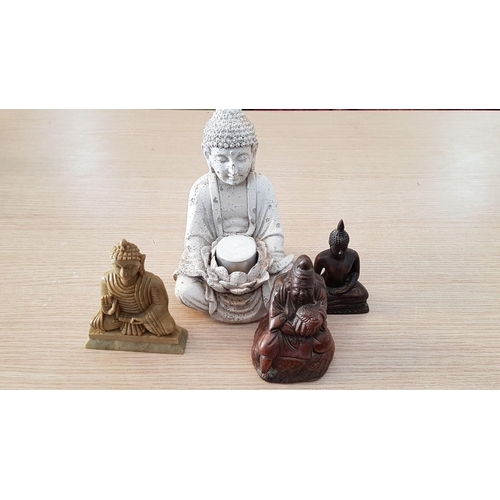 26 - Ceramic Buddha (20cm), with Lotus Blossom Tea Light Holder, Stone Buddha (12cm) and 2 x Resin (11-12... 