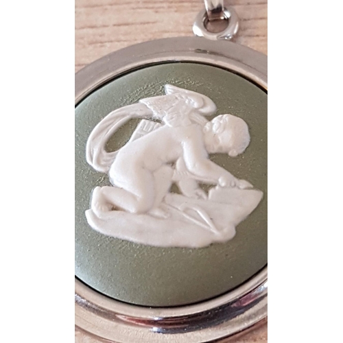 27 - Vintage Wedgwood Green Jasperware Cupid Cameo on Chain, in Original Box