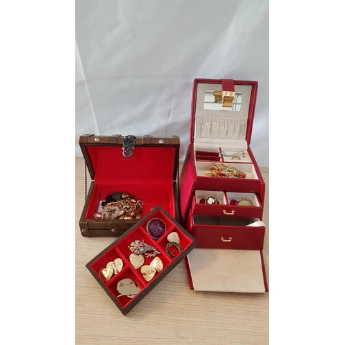 31 - Red Jewellery Box with Drawers and Mirror, (Approx. 16 x 16 x 15cm), Plus Contents! Together with Re... 