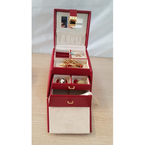 31 - Red Jewellery Box with Drawers and Mirror, (Approx. 16 x 16 x 15cm), Plus Contents! Together with Re... 