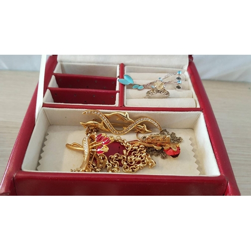 31 - Red Jewellery Box with Drawers and Mirror, (Approx. 16 x 16 x 15cm), Plus Contents! Together with Re... 