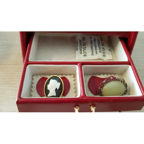 31 - Red Jewellery Box with Drawers and Mirror, (Approx. 16 x 16 x 15cm), Plus Contents! Together with Re... 