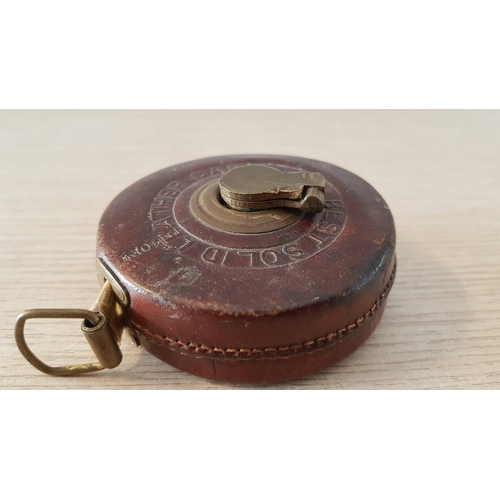 32 - Vintage Leather Cased 40' Surveyor's Tape with Brass Fittings, (Approx. Ø: 7.5cm)