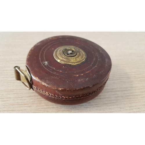 32 - Vintage Leather Cased 40' Surveyor's Tape with Brass Fittings, (Approx. Ø: 7.5cm)