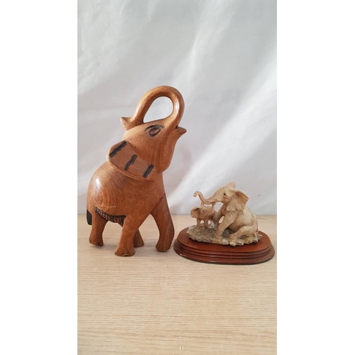 36 - 6 x Elephant Themed Pieces; Carved Wood (28 x 15cm), Small One with Tusks (7 x 6cm), Pair of Elephan... 