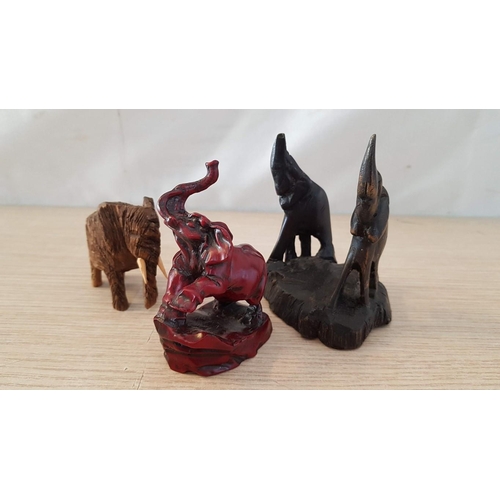 36 - 6 x Elephant Themed Pieces; Carved Wood (28 x 15cm), Small One with Tusks (7 x 6cm), Pair of Elephan... 