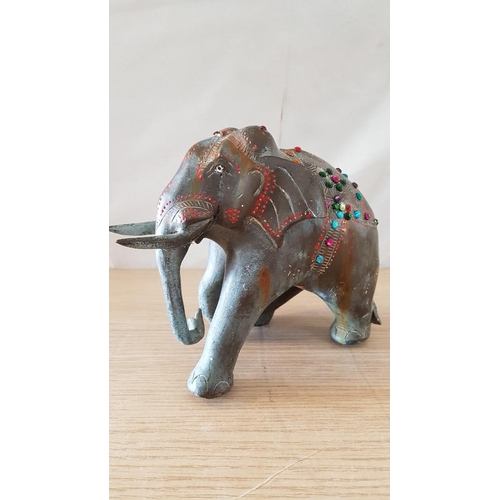 39 - Heavy Metal (Possibly Bronze) Elephant Decorated with 'Jewels', (Approx. 15 x 11 x 20cm)