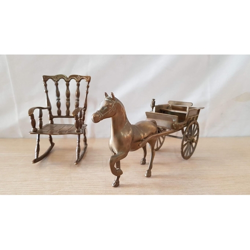 40 - Heavy Brass Horse and Trap, (Approx. 27 x 14cm Overall), Plus Brass Rocking Chair, (Approx. 16 x 10c... 