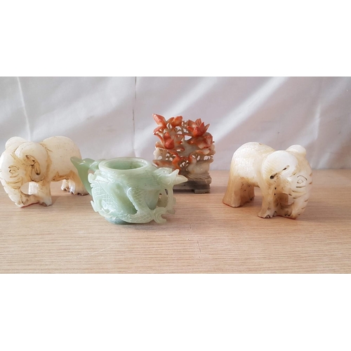 48 - 4 x Soapstone Ornaments; 2 x Elephants (10 & 8cm), Blossom & Birds (11 x 9cm) and Green Carved Bowl ... 