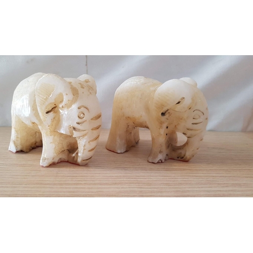 48 - 4 x Soapstone Ornaments; 2 x Elephants (10 & 8cm), Blossom & Birds (11 x 9cm) and Green Carved Bowl ... 