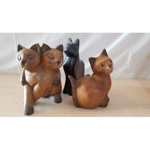 49 - 3 x Wooden Cat Ornaments; Black Ash, (Approx. 12 x 15cm - 17 x 18cm), (3)