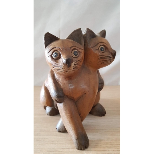 49 - 3 x Wooden Cat Ornaments; Black Ash, (Approx. 12 x 15cm - 17 x 18cm), (3)