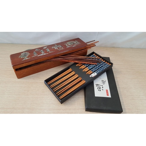 59 - Inlaid Wooden Box Containing Chopsticks and Rests (Approx. 29 x 7 x 5cm), Together with Another Boxe... 