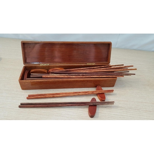 59 - Inlaid Wooden Box Containing Chopsticks and Rests (Approx. 29 x 7 x 5cm), Together with Another Boxe... 