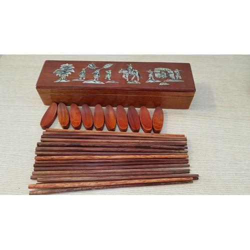 59 - Inlaid Wooden Box Containing Chopsticks and Rests (Approx. 29 x 7 x 5cm), Together with Another Boxe... 