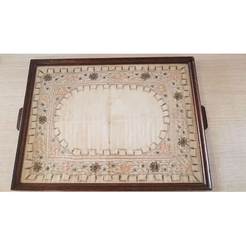 65 - Heavy Glazed Wooden Tray with Victorian Bead and Embroidery Work Insert, (Approx. 60 x 45cm)