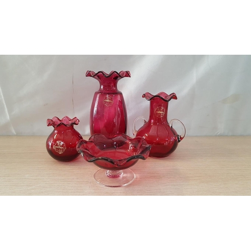 75 - 4 x Pieces of 'Royal Scott' Hand Blown Cranberry Glass; Vase (18cm), 2 Handled Vase (13cm), Posy Hol... 