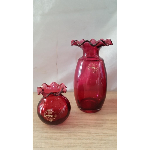 75 - 4 x Pieces of 'Royal Scott' Hand Blown Cranberry Glass; Vase (18cm), 2 Handled Vase (13cm), Posy Hol... 