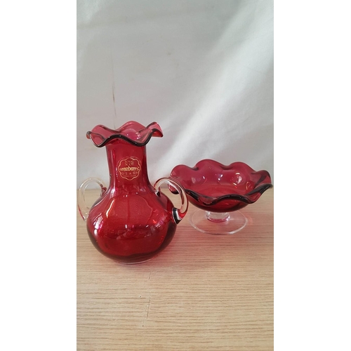 75 - 4 x Pieces of 'Royal Scott' Hand Blown Cranberry Glass; Vase (18cm), 2 Handled Vase (13cm), Posy Hol... 