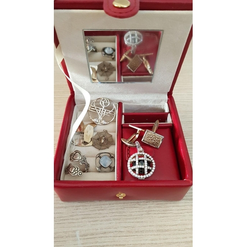 8 - Red Travelling Jewellery Box with Qty of Vintage Silver Jewellery; Ring, Pendant, Brooch, Cufflinks,... 