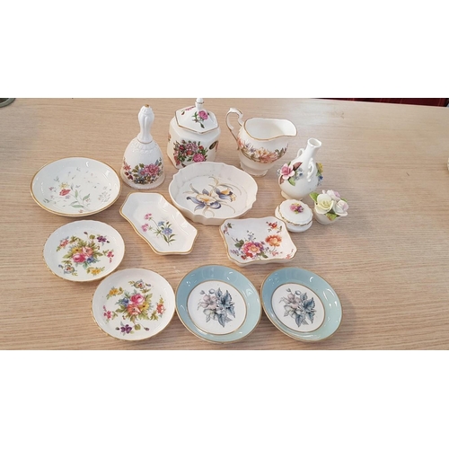 84 - Collection of Named Porcelain Items; Pin Dishes, Bell, Jugs, Vase, etc, Minton, Spode, Aynsley, Crow... 