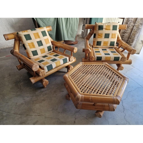 102 - Bamboo Garden / Patio Set; Pair of Large Chunky Elephant Bamboo Arm Chairs with Seat & Back Cushions... 