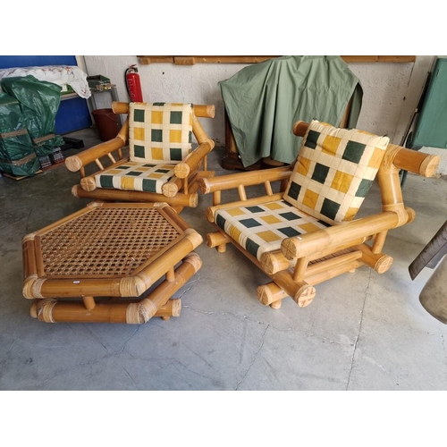 102 - Bamboo Garden / Patio Set; Pair of Large Chunky Elephant Bamboo Arm Chairs with Seat & Back Cushions... 