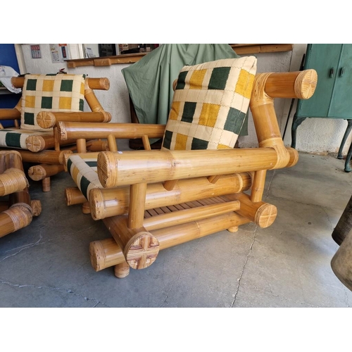 102 - Bamboo Garden / Patio Set; Pair of Large Chunky Elephant Bamboo Arm Chairs with Seat & Back Cushions... 