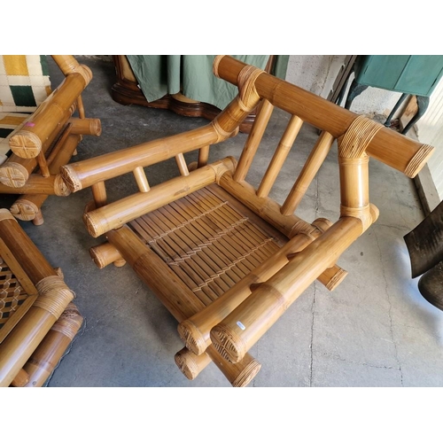 102 - Bamboo Garden / Patio Set; Pair of Large Chunky Elephant Bamboo Arm Chairs with Seat & Back Cushions... 