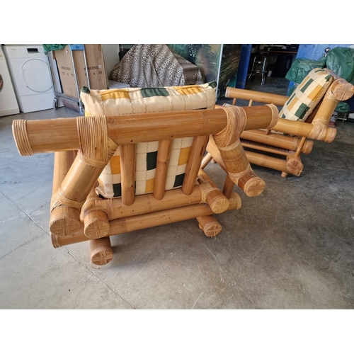 102 - Bamboo Garden / Patio Set; Pair of Large Chunky Elephant Bamboo Arm Chairs with Seat & Back Cushions... 