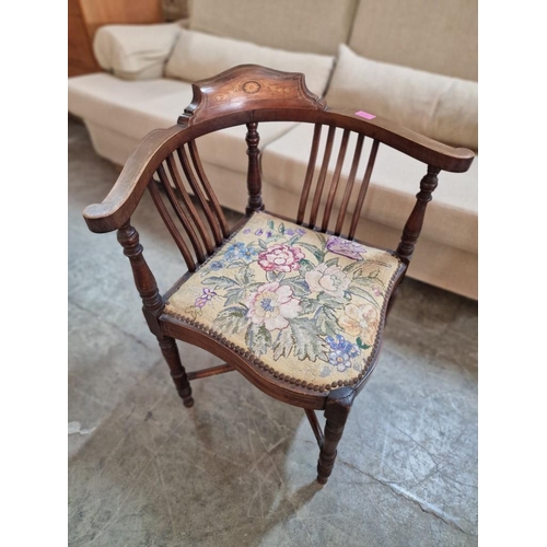 119 - Antique Wooden Corner Chair, Possibly Edwardian with Inlaid Curved Back Rest, Embroidered Padded Sea... 