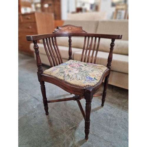 119 - Antique Wooden Corner Chair, Possibly Edwardian with Inlaid Curved Back Rest, Embroidered Padded Sea... 