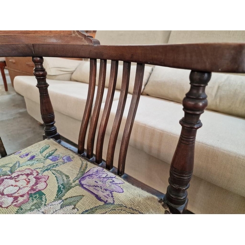 119 - Antique Wooden Corner Chair, Possibly Edwardian with Inlaid Curved Back Rest, Embroidered Padded Sea... 