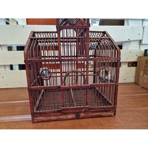 130 - Decorative / Ornamental Gothic Style Bird Cage, with 2 x Blue & White Porcelain Food / Water Contain... 